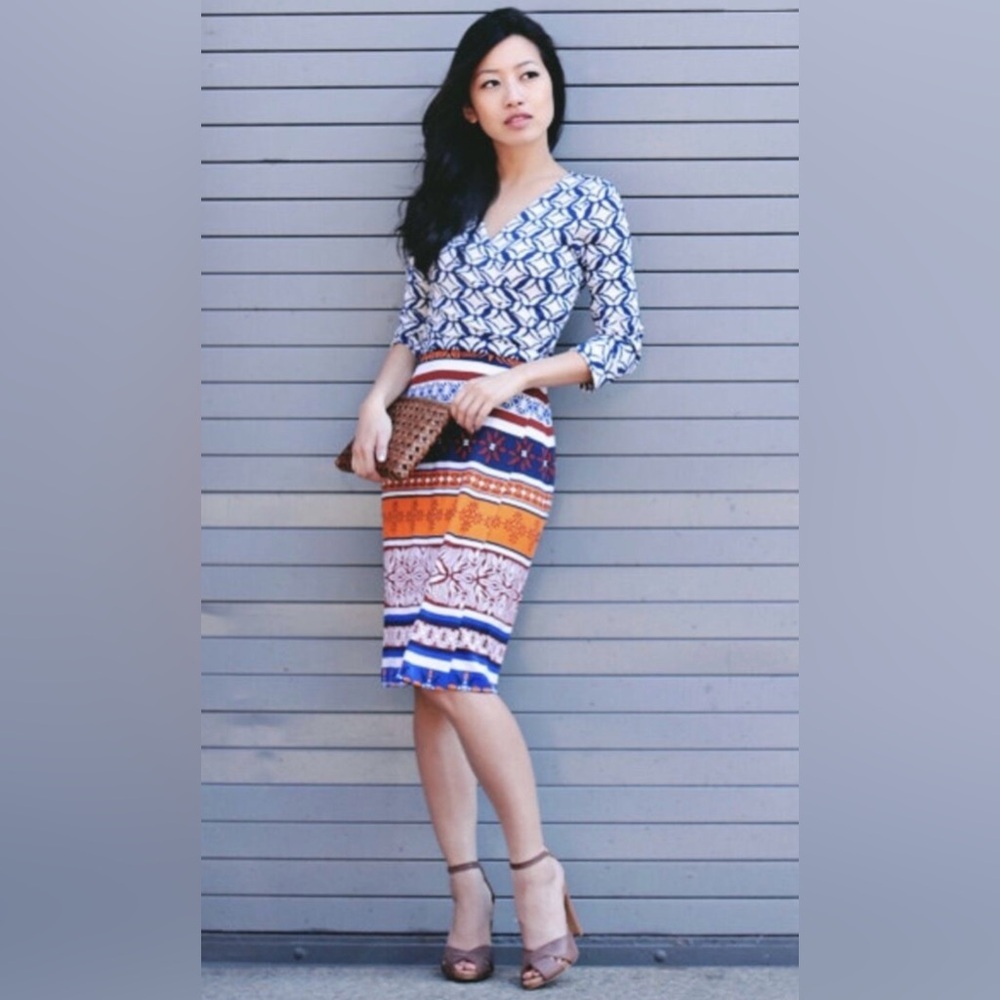 Diane Von Furstenberg Blue, Orange and White Printed Wrap Midi Dress